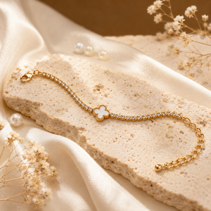 Gold Plated White Stone Studded Tennis Chain Clover Charm Bracelet with Lobster Clasp