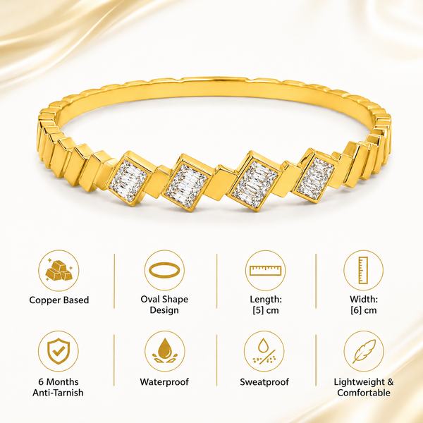 Gold Starburst Radiant Diamond Oval Kada for Women | Sunburst Stone Pattern Quick Stainless Steel Ladies Bangle | Glamour Festive Jewellery - House of Viya