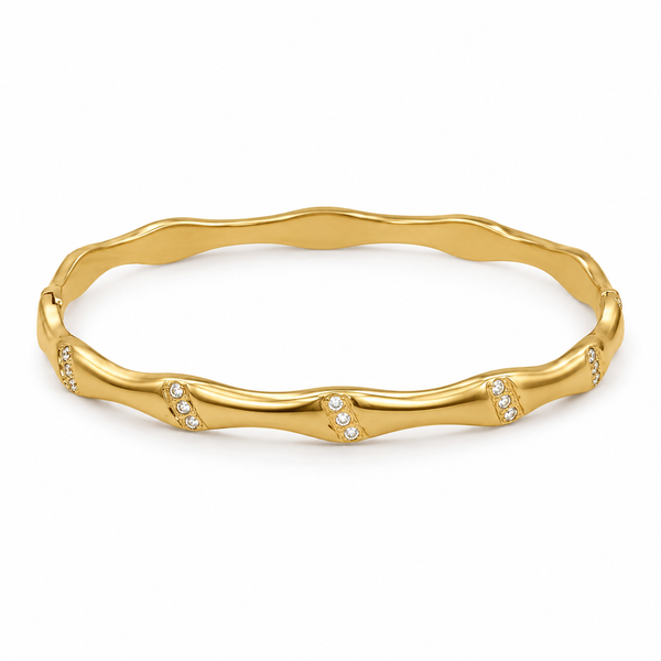 Gold Wavy Twist Organic Shape Diamond Kada for Women | Curve Point Stone Stainless Steel Ladies Bangle | Artistic Festive Jewellery - House of Viya