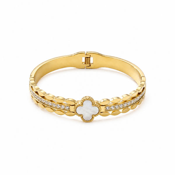Mother of Pearl Clover Linked Baby Kada Bangle | Gold Plated Quatrefoil Lucky Cuff Bracelet for Women - House of Viya