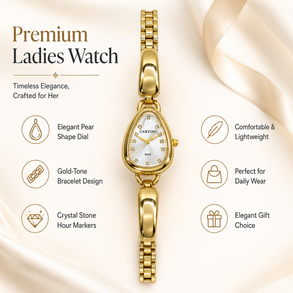 Watches Gold-Tone Pear Shape Dial Crystal Stone Bracelet Watch for Women - House of Viya