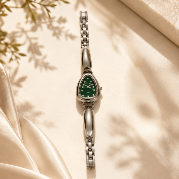 Watches Silver-Tone Pear Shape Dial Green Stone Bracelet Watch for Women - House of Viya