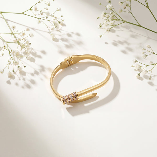 Open Bypass Nail Design Pave CZ Baby Kada Bangle | Gold Plated Stud Cuff Bracelet for Women - House of Viya