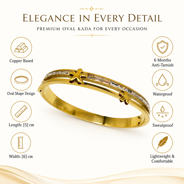 Gold Cushion Diamond Bezel Oval Kada for Women | Square Halo Stone Stainless Steel Ladies Bangle | Refined Festive Jewellery - House of Viya