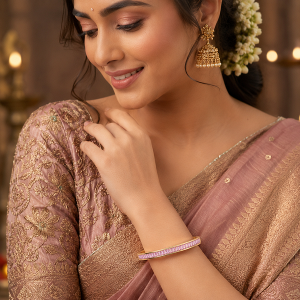Gold Wavy Pink Stone Oval Kada for Women | Twisted Diamond Cut Stainless Steel Ladies Bangle | Festive Party Wear Jewellery - House of Viya