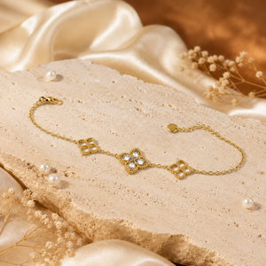 Gold Plated Delicate Chain Bracelet with Triple Quatrefoil Clover Charm Stations and Lobster Clasp