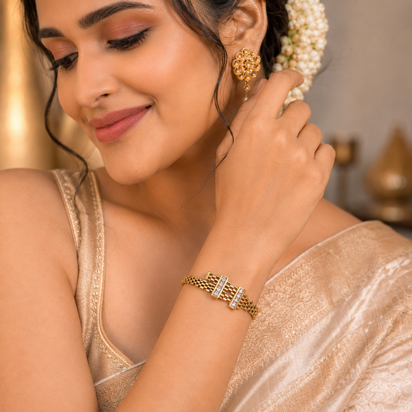 Gold Tension Set Diamond Oval Kada for Women | Floating Solitaire Stainless Steel Ladies Bangle | Minimalist Design Jewellery - House of Viya
