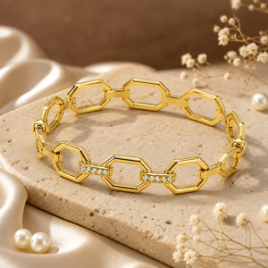 Kadas Gold-Tone Hexagonal Geometric Cutwork Kada with Crystal-Accented Links - Polished Finish Openwork Bracelet