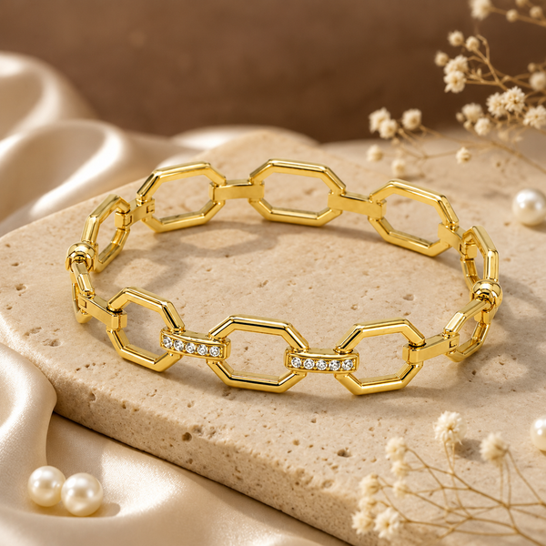 Kadas Gold-Tone Hexagonal Geometric Cutwork Kada with Crystal-Accented Links - Polished Finish Openwork Bracelet - House of Viya