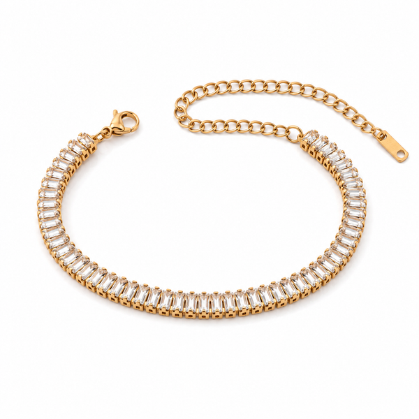 Gold Plated Rectangular Baguette White Stone Continuous Tennis Bracelet with Lobster Clasp - House of Viya