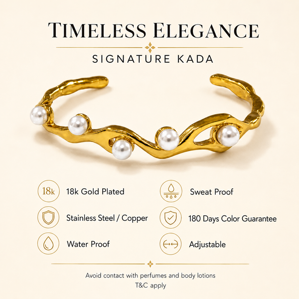 Kadas Gold-Tone Open Kada with Pearl-Accented Twisted Design for Women - House of Viya