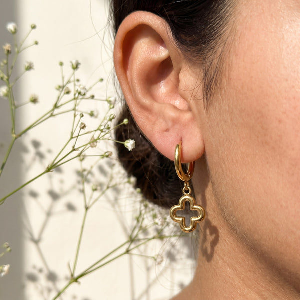 18K Gold Plated Clover Charm Hoop Earrings