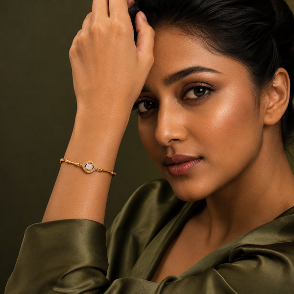 Gold Plated Bamboo Bar Link Bracelet with Rhombus White Stone Halo Centrepiece and Lobster Clasp - House of Viya