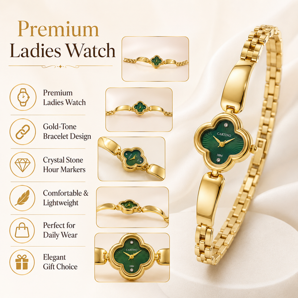 Watches Gold-Tone Clover Shape Green Dial Chain Bracelet Watch for Women - House of Viya