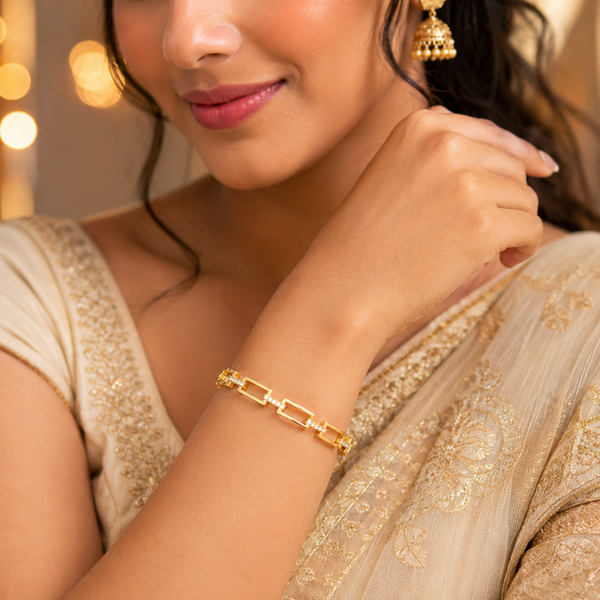 Gold Rectangular Link Chain Kada for Women | Square Frame Open Link Stainless Steel Ladies Bangle | Bold Contemporary Jewellery