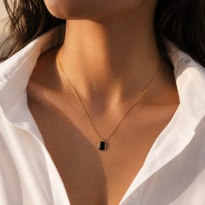 Chain 18K Gold-Plated Slim Chain with Black Rectangular Pendant - House of Viya