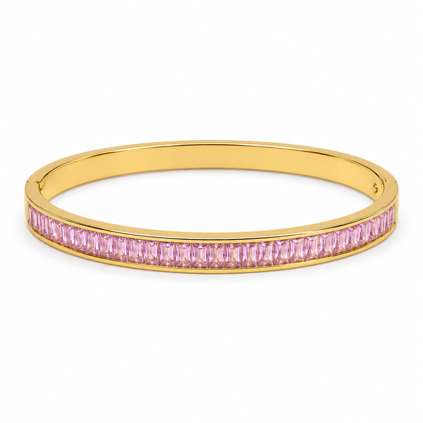 Gold Wavy Pink Stone Oval Kada for Women | Twisted Diamond Cut Stainless Steel Ladies Bangle | Festive Party Wear Jewellery - House of Viya