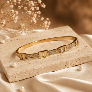 Kadas Gold-Tone Geometric Engraved Pattern Bangle with Polished Finish for Women