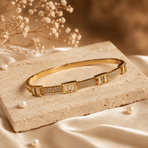 Kadas Gold-Tone Geometric Engraved Pattern Bangle with Polished Finish for Women - House of Viya