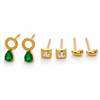 Earrings Emerald Drop Hoop, Zircon Square & Minimal Wave Stud Earrings Set of 3 Pairs