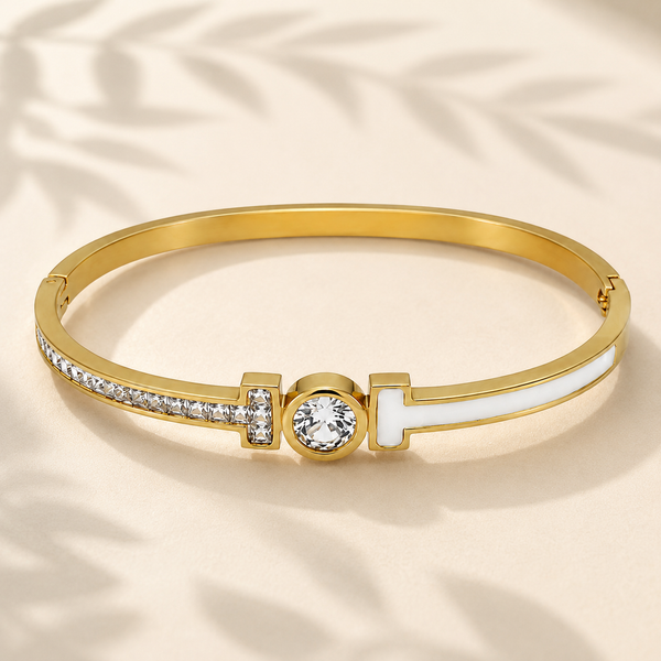 Gold Twisted Rope Diamond Oval Kada for Women | Braided Band Stone Stainless Steel Ladies Bangle | Textured Festive Jewellery - House of Viya