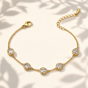 Gold Plated White Teardrop Stone Bezel Station Chain Bracelet with Lobster Clasp
