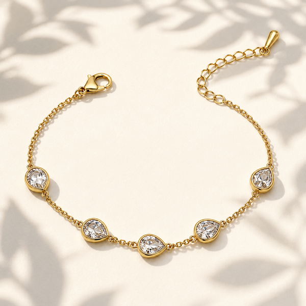 Gold Plated White Teardrop Stone Bezel Station Chain Bracelet with Lobster Clasp - House of Viya