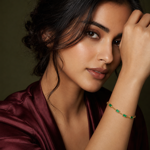 Gold Plated Emerald Cut Green Rectangular Stone Bezel Station Chain Bracelet with Lobster Clasp