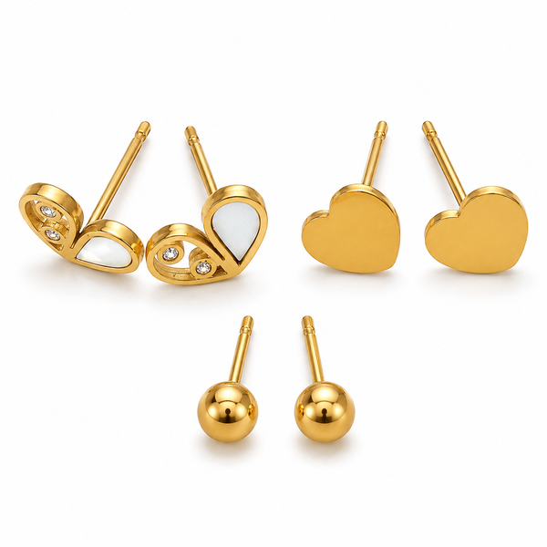 Earrings White Enamel Petal, Coral Heart & Gold Ball Stud Earrings Set of 3 Pairs