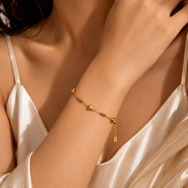 Gold Plated Pyramid Spike Bead Station Delicate Chain Bracelet with Lobster Clasp - House of Viya