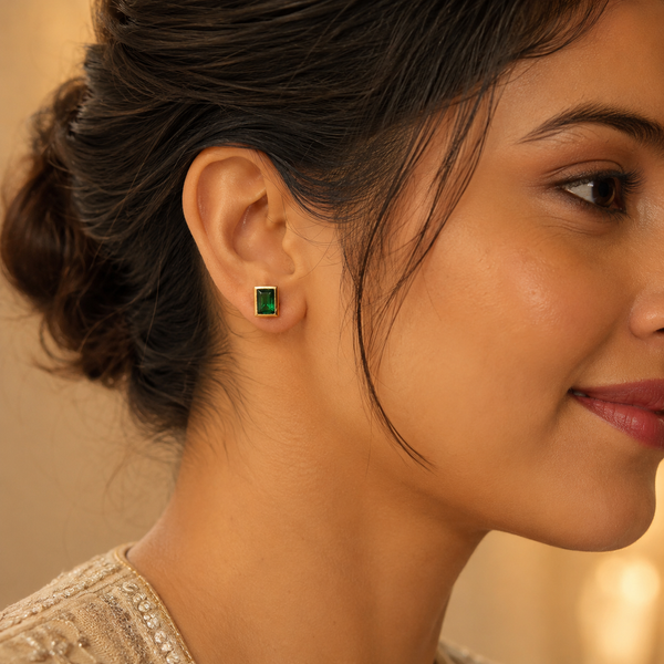 Earrings Halo Heart, Emerald Rectangle & Minimal Dome Stud Earrings Set of 3 Pairs