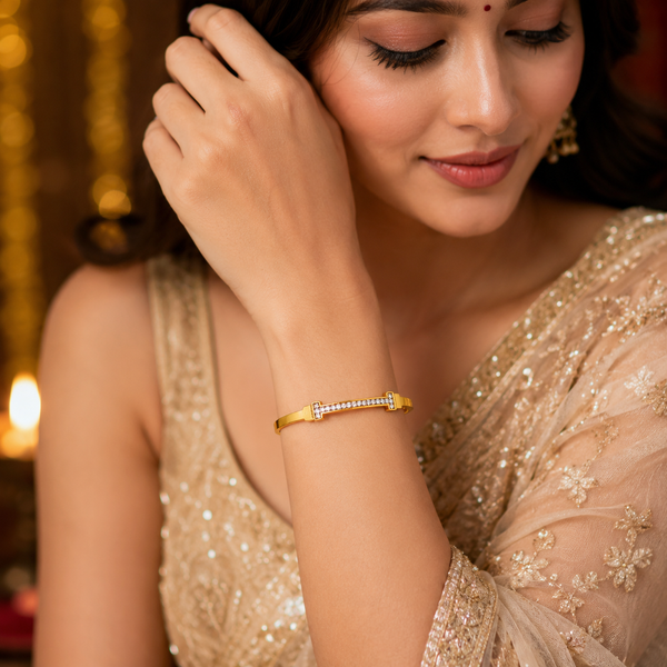 Gold Oval Bezel Diamond Accent Kada for Women | Ellipse Stone Stainless Steel Ladies Bangle | Sleek Festive Jewellery - House of Viya