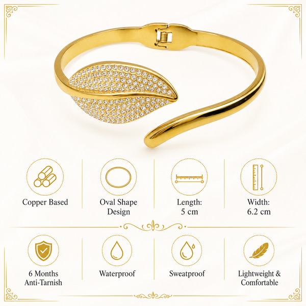 Gold Bright Satin Matte Diamond Oval Kada for Women | Dual Finish Stone Stainless Steel Ladies Bangle | Contemporary Festive Jewellery - House of Viya