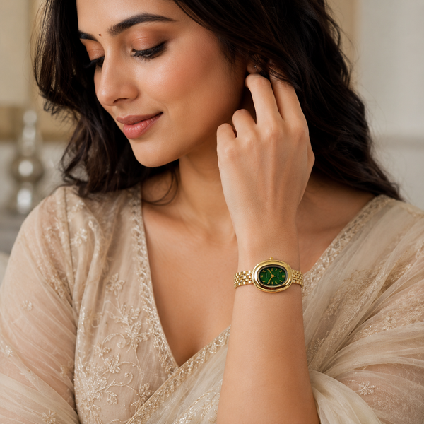 Watches Gold-Tone Round Green Dial Panther Link Bracelet Watch for Women - House of Viya