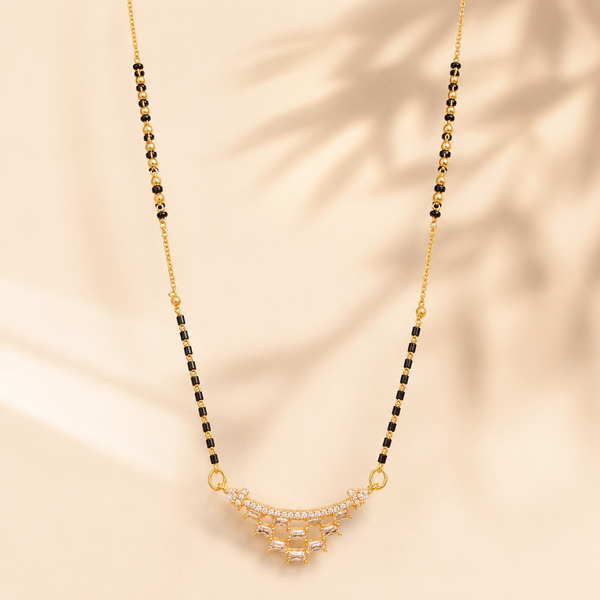 KZ Gold Plated Baguette Arc CZ Mangalsutra for Women Black Bead Chain Cascading Fan Pendant FS - House of Viya