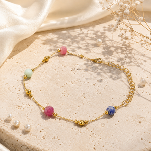 Gold Plated Multi-Colour Stone Bead Dual Strand Delicate Chain Bracelet with Lobster Clasp