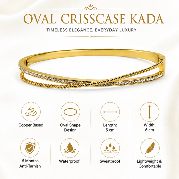 Gold Burnish Set Diamond Oval Kada for Women | Smooth Flush Stone Stainless Steel Ladies Bangle | Ultra Sleek Festive Jewellery - House of Viya