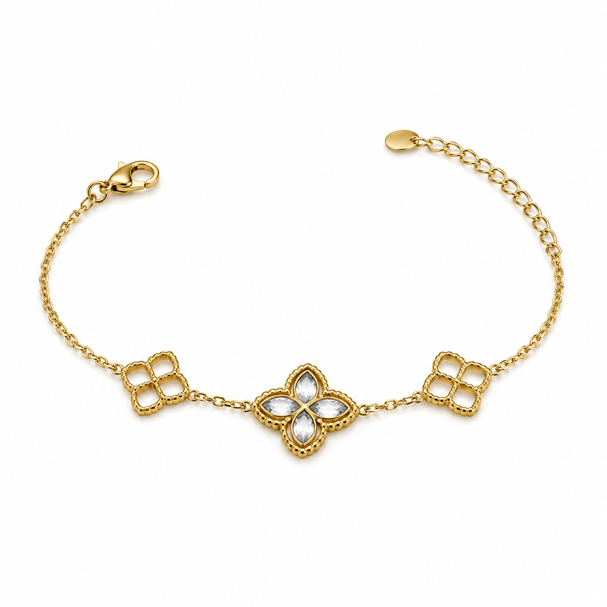 Gold Plated Delicate Chain Bracelet with Triple Quatrefoil Clover Charm Stations and Lobster Clasp