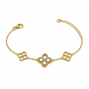 Gold Plated Delicate Chain Bracelet with Triple Quatrefoil Clover Charm Stations and Lobster Clasp