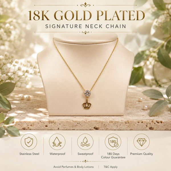 Chain 18K Gold-Plated Fine Chain with Crown Charm and Clear Round Stone - House of Viya