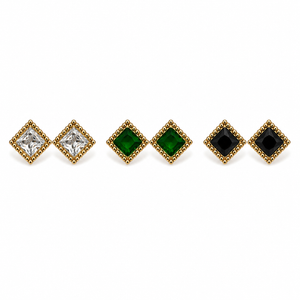 Earrings Crystal, Emerald & Black Onyx Square Halo Stud Earrings Set of 3 Pairs