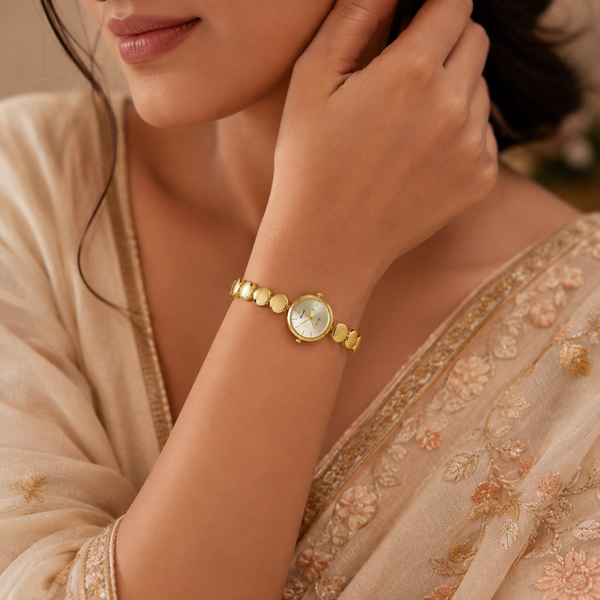 Watches Gold-Tone Round Dial Beaded Bracelet Watch for Women - House of Viya