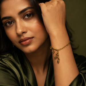 Gold Plated Paperclip Chain with Floral Star and Bead Cluster Charm Bracelet with Lobster Clasp