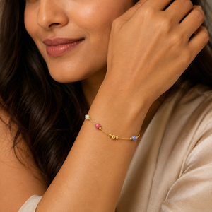 Gold Plated Multi-Colour Stone Bead Dual Strand Delicate Chain Bracelet with Lobster Clasp