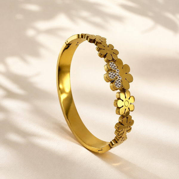Gold Leaf Engraved Diamond Oval Kada for Women | Botanical Motif Stone Stainless Steel Ladies Bangle | Nature Festive Jewellery - House of Viya