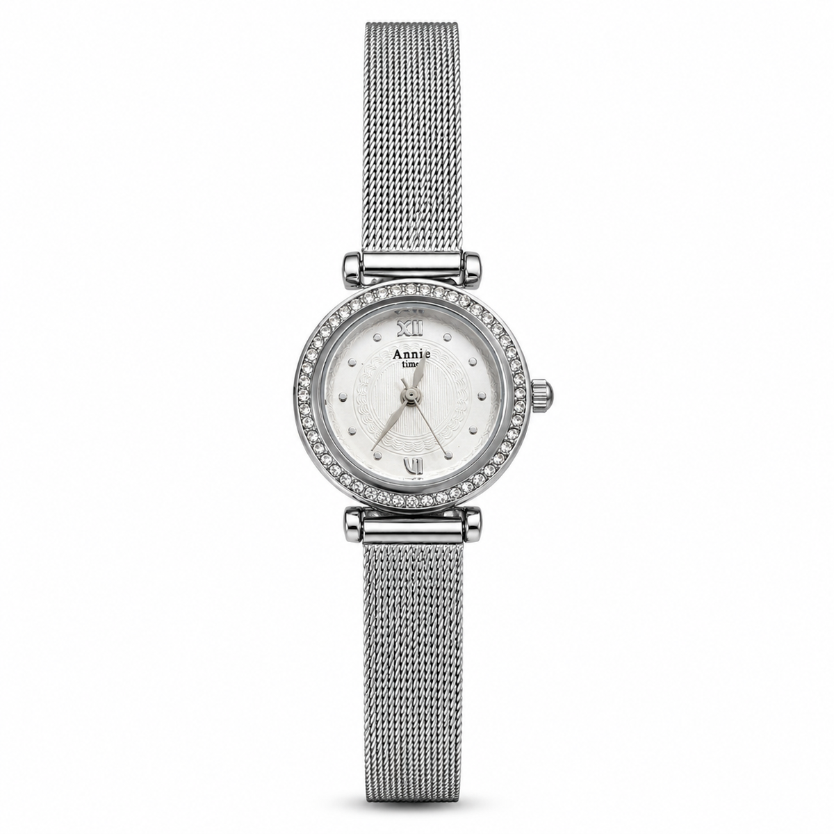 Watches Silver-Tone Round Dial Crystal Studded Bezel Mesh Bracelet Watch for Women