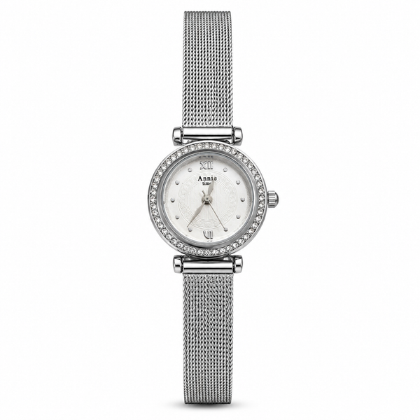 Watches Silver-Tone Round Dial Crystal Studded Bezel Mesh Bracelet Watch for Women