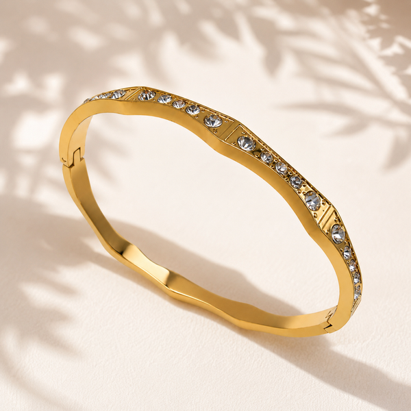 Gold Marquise Diamond Accent Oval Kada for Women | Elongated Stone Stainless Steel Ladies Bangle | Elegant Festive Jewellery - House of Viya