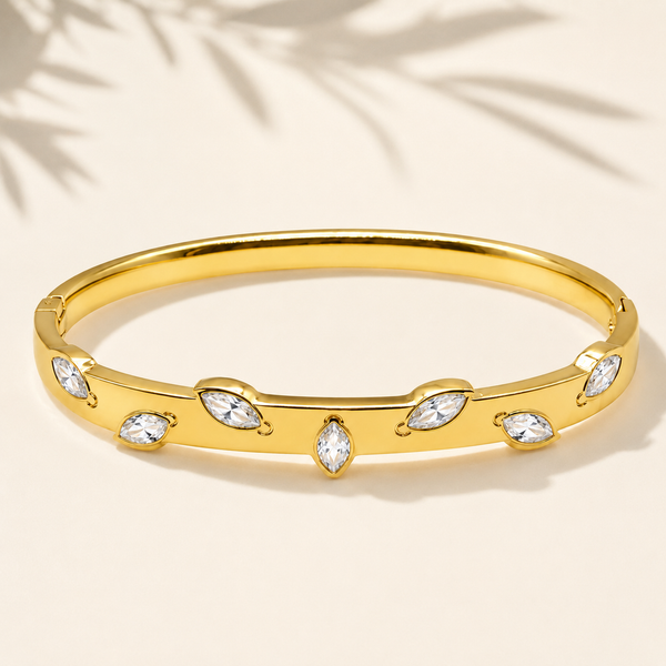 Real Oval Marquise White Stone Gold Oval Kada for Women | Bezel Set Crystal Stainless Steel Ladies Bangle | Classic White Stone Jewellery - House of Viya