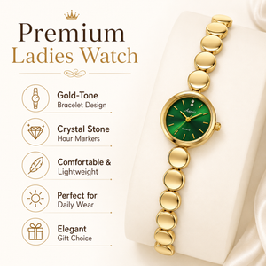 Watches Gold-Tone Green Round Dial Beaded Bracelet Watch for Women